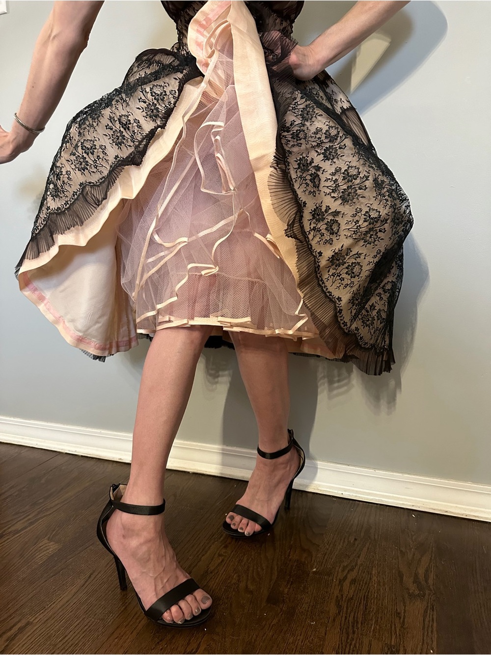 Strapless Black Lace-Appliqué Midi Dress with Pale Pink Underlay - Picture 6 of 8